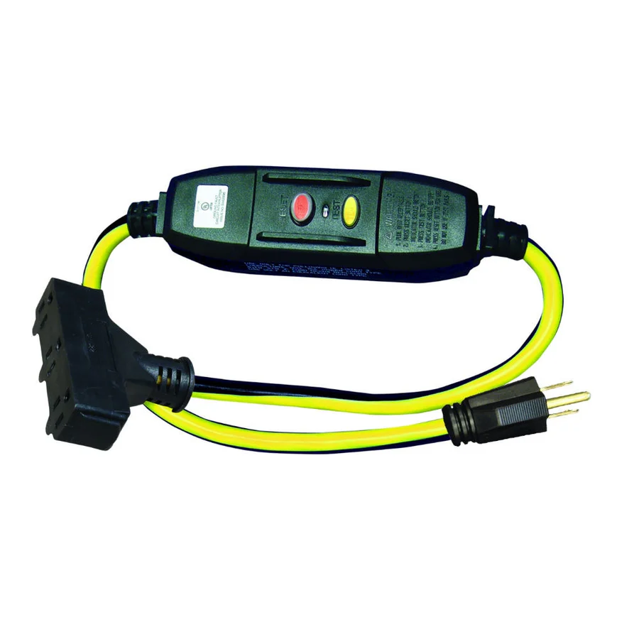 3ft 12/3 SJTW Yellow/Black 15 Amp GFCI, Power Block Receptacle - Auto Reset