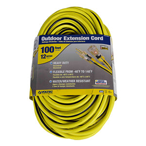 100ft 12/3 SJTW Yellow/Black Ext Cord w/Lighted End, NEMA 5-15